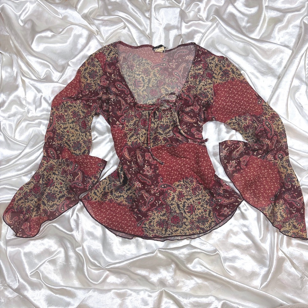 y2k Vintage Anxiety Top Burgundy Excellent Paisley Patchwork Bell Sleeve S